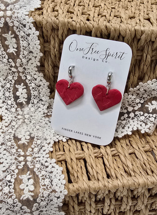 Red Imprinted Heart Dangles (Post style hoop)