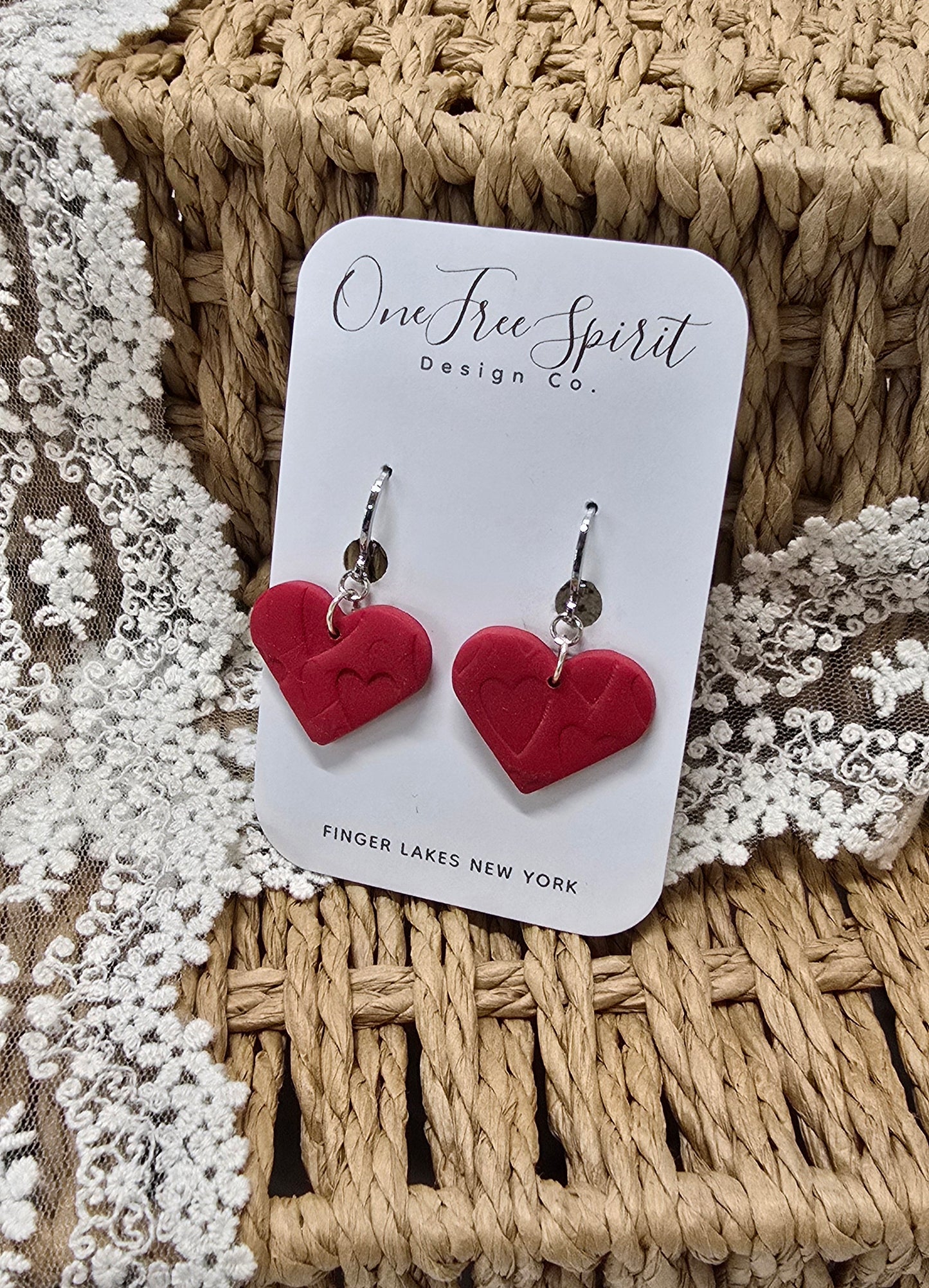 Red Imprinted Heart Dangles (Leverback huggie hoop)