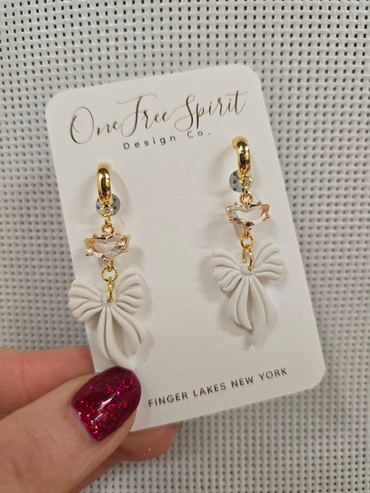 White Bow Sparkle Dangle Earrings