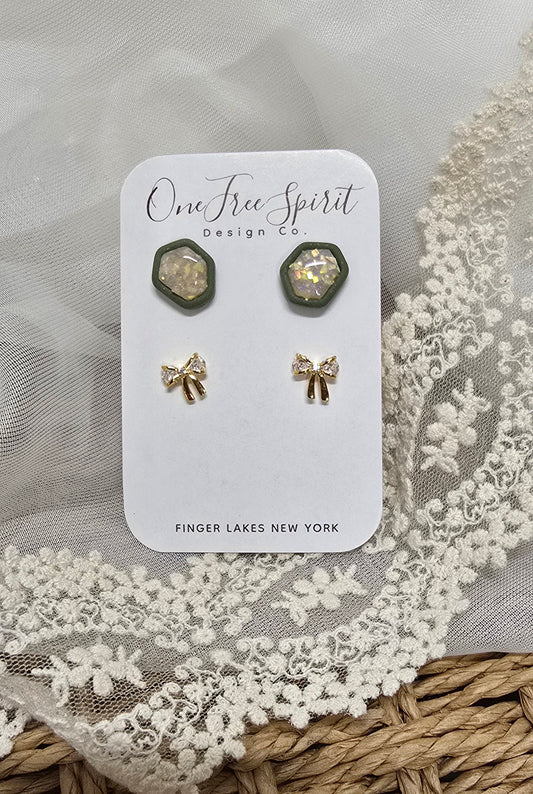 Festive Stud Pack (sage hexagone/opal-ish + gold cz studs)